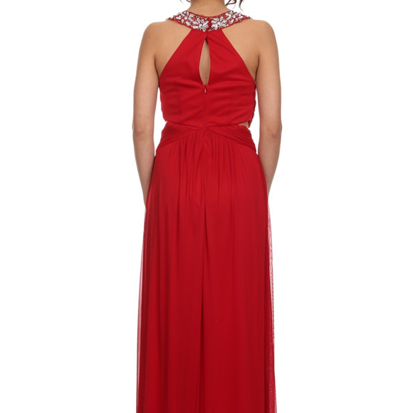 Long Red Chiffon Peek a Boo Sides Jewels Neckline - Picture 2 of 5